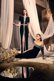 Asymmetric Black crêpe dress with baguette embroidery‭