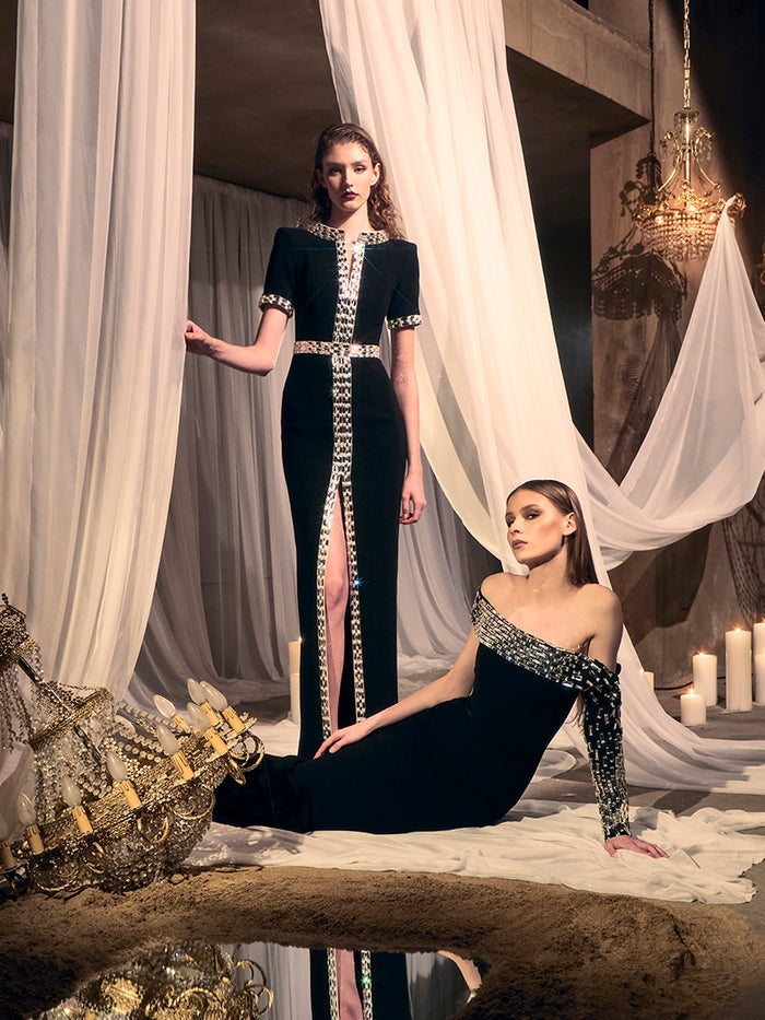 Asymmetric Black crêpe dress with baguette embroidery‭
