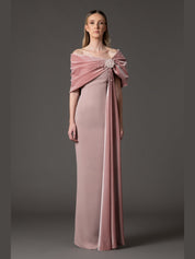 Crepe dress with a draped embroidered velvet neckline