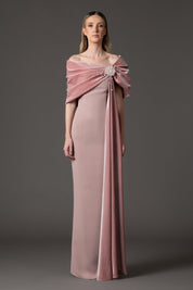 Crepe dress with a draped embroidered velvet neckline