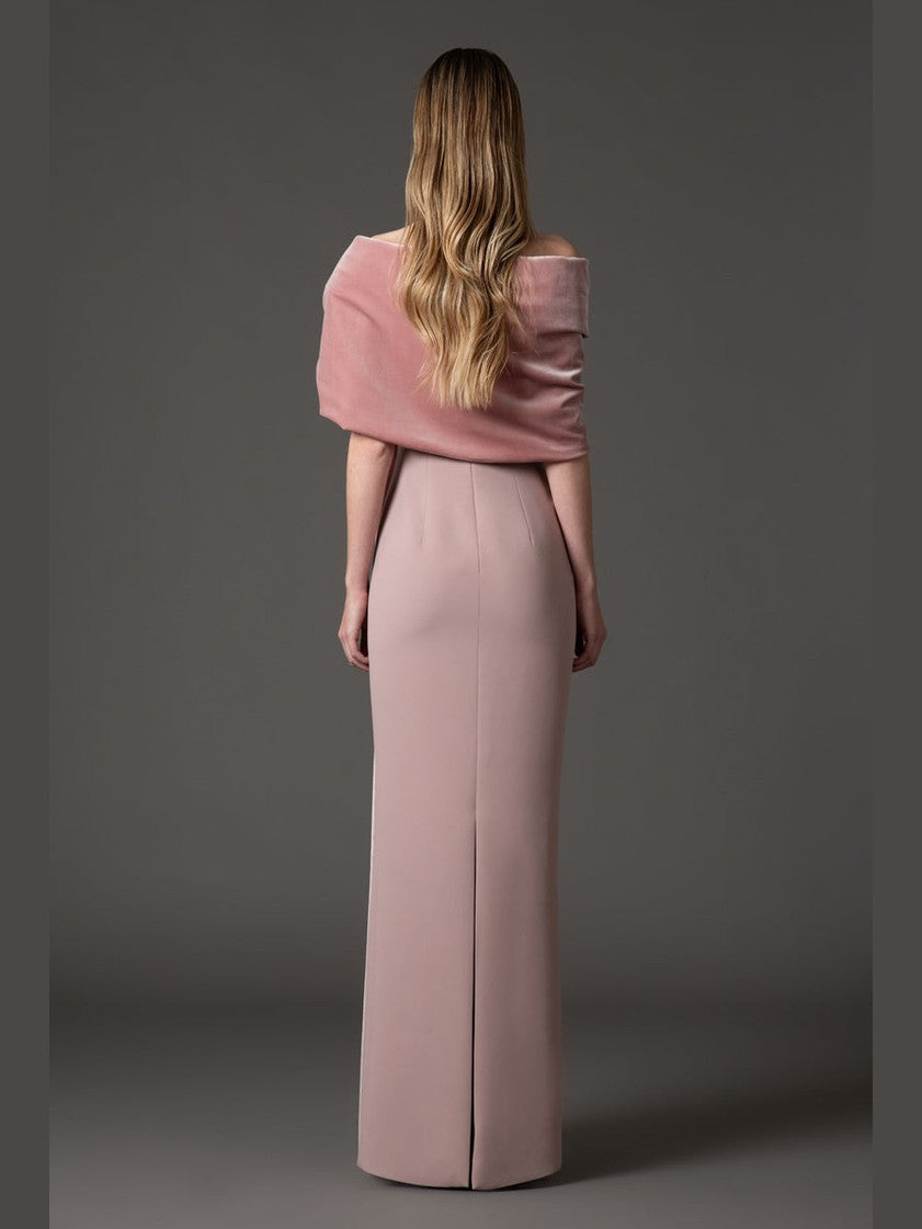 Crepe dress with a draped embroidered velvet neckline