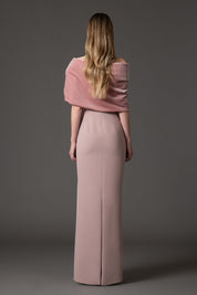 Crepe dress with a draped embroidered velvet neckline