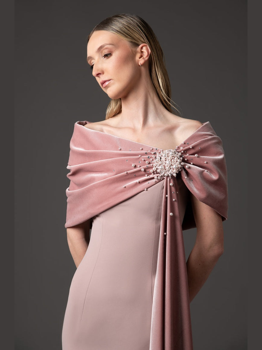 Crepe dress with a draped embroidered velvet neckline