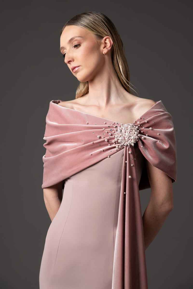 Crepe dress with a draped embroidered velvet neckline