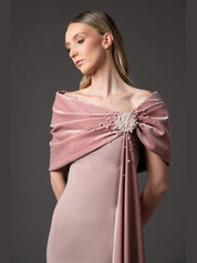Crepe dress with a draped embroidered velvet neckline