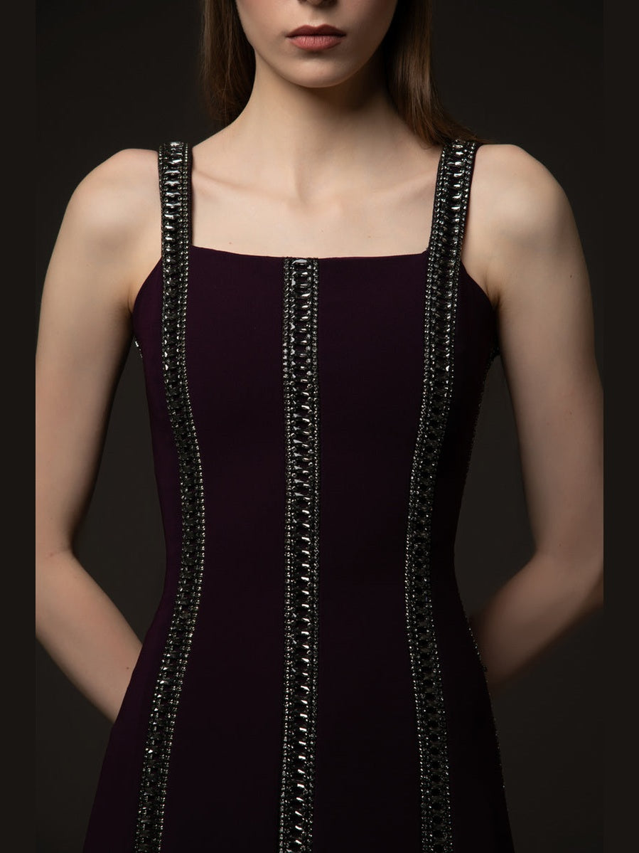 Burgundy embroidered crêpe dress