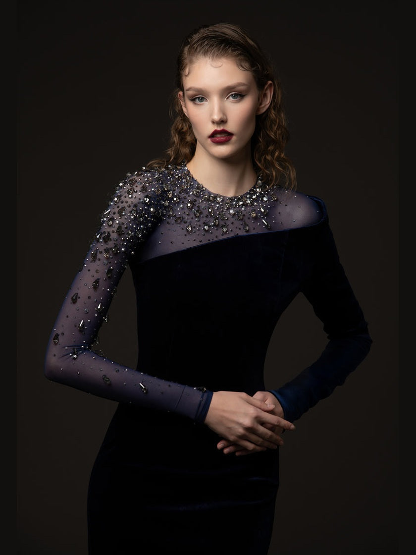 Asymmetric velvet blue dress with tulle and crystal embroidery