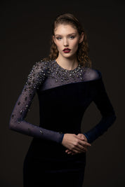 Asymmetric velvet blue dress with tulle and crystal embroidery