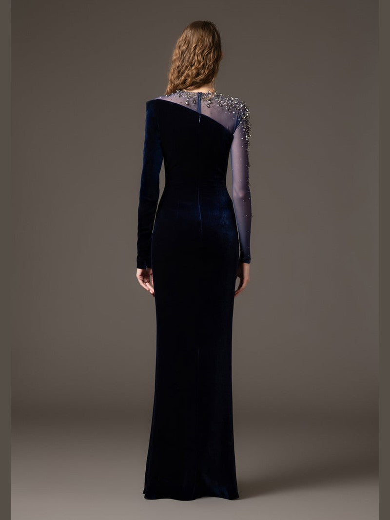 Asymmetric velvet blue dress with tulle and crystal embroidery