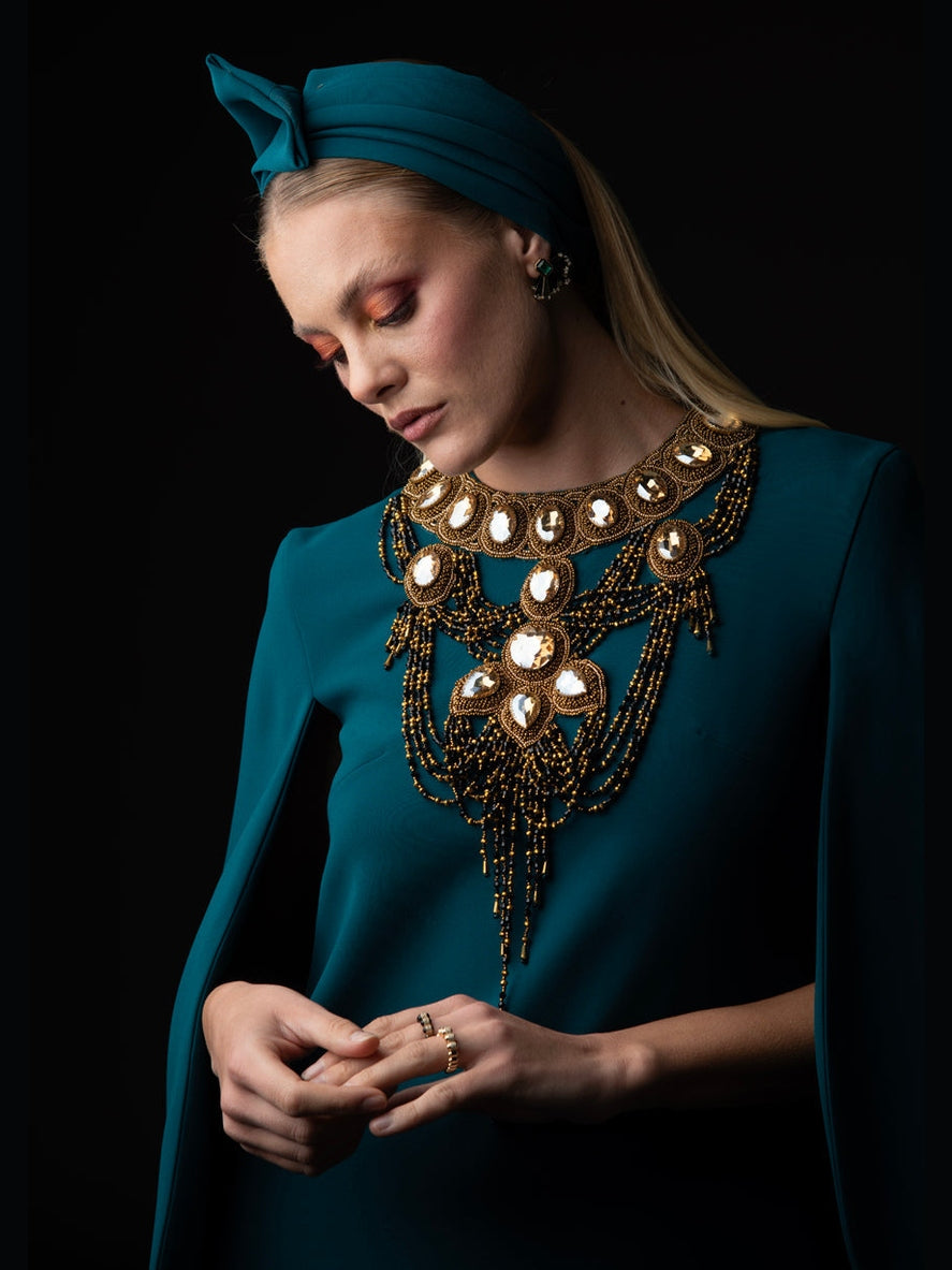 Teal abaya with embroidered neckline