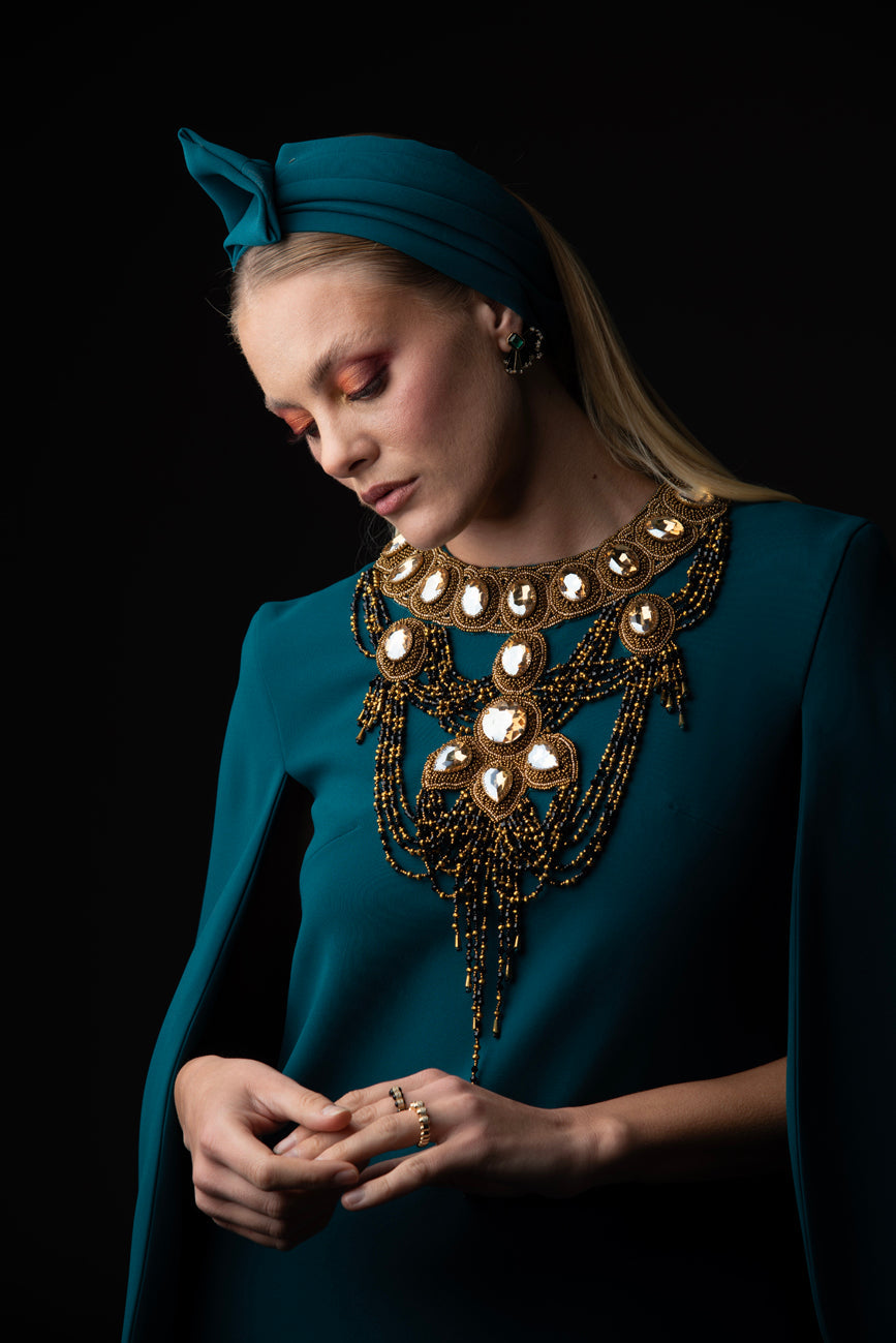 TEAL ABAYA WITH EMBROIDERED NECKLINE