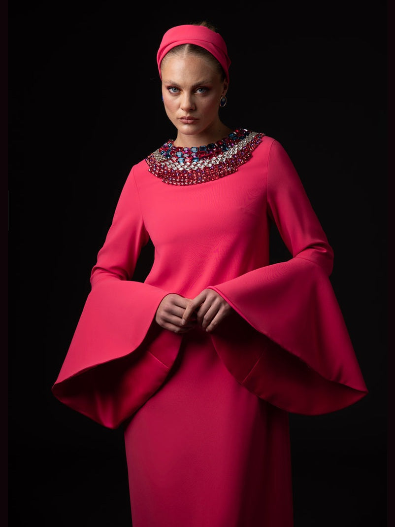 Coral abaya with embroidered neckline and bell sleeves