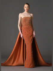 Embroidered burnt brick crêpe dress with a radzimir train