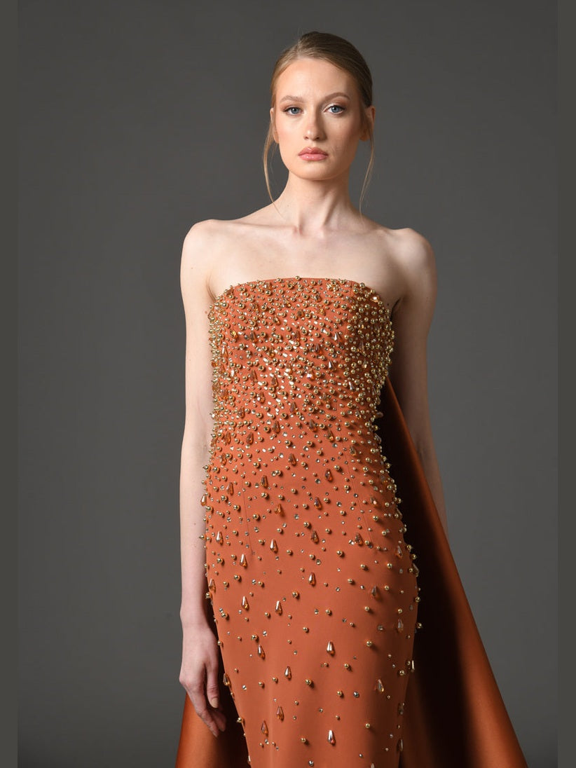 Embroidered burnt brick crêpe dress with a radzimir train
