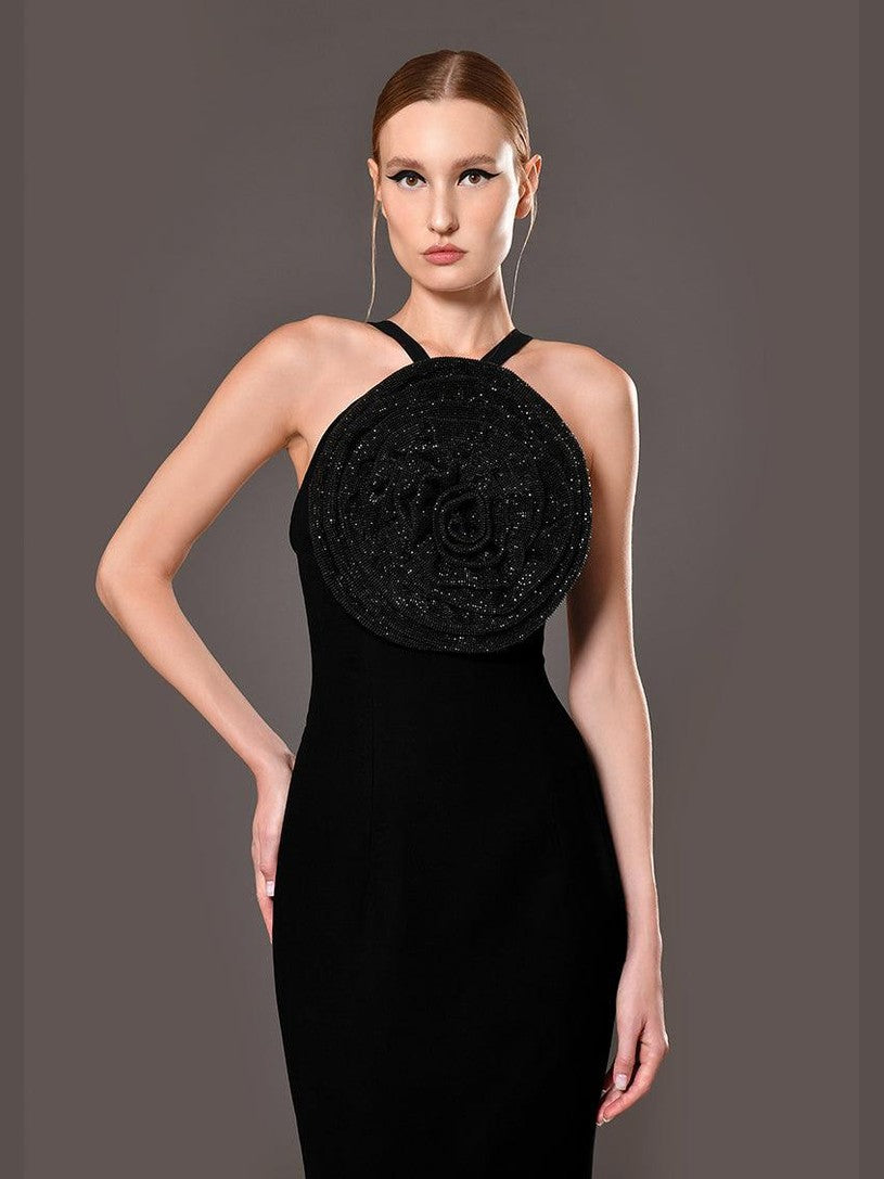 Black crêpe dress with chainmail crystal flower