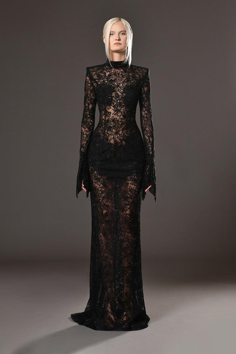 Rubaiyat – Black lace dress adorned with captivating black crystal  chainmail slee
