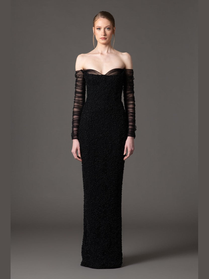Off the shoulder embroidered crepe dress with tulle sleeves