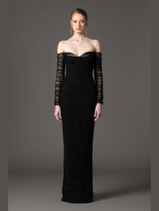 Off the shoulder embroidered crepe dress with tulle sleeves