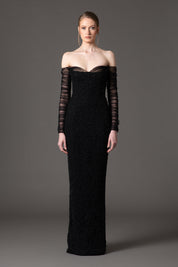 Off the shoulder embroidered crepe dress with tulle sleeves