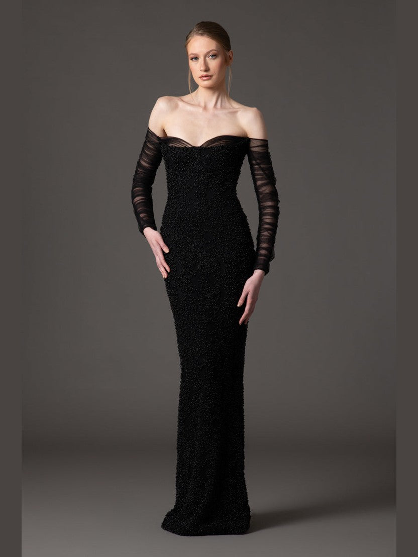 Off the shoulder embroidered crepe dress with tulle sleeves