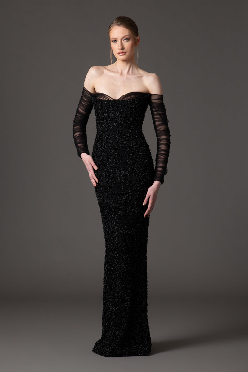 Off the shoulder embroidered crepe dress with tulle sleeves