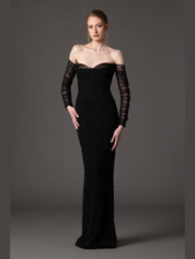 Off the shoulder embroidered crepe dress with tulle sleeves