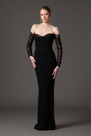 Off the shoulder embroidered crepe dress with tulle sleeves
