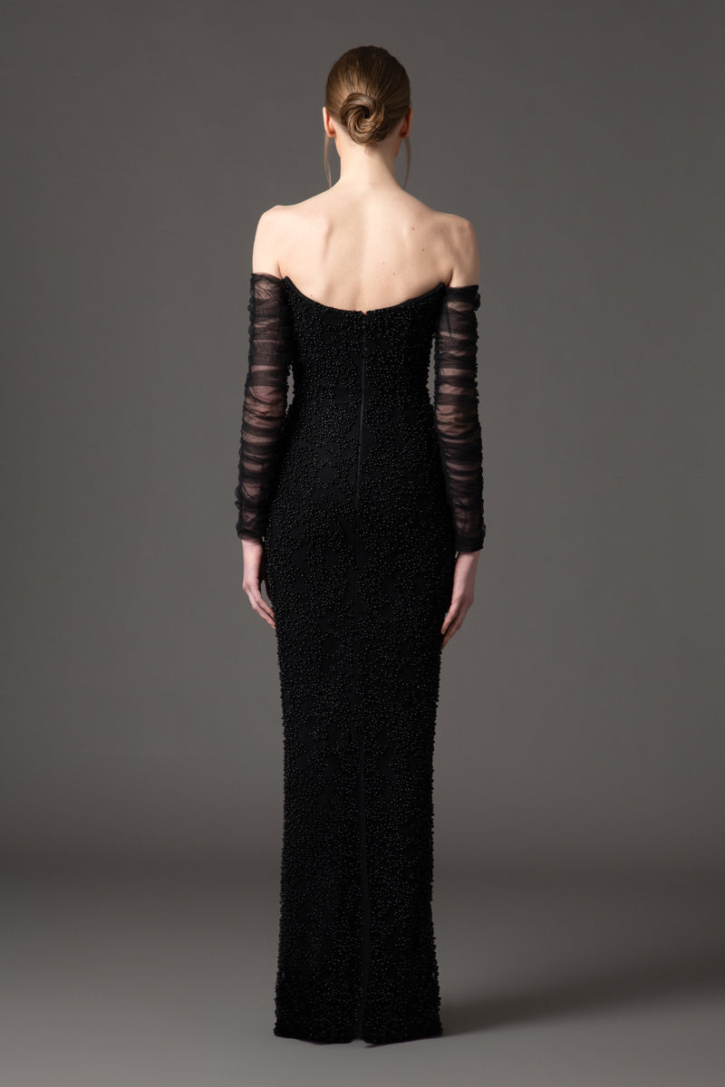 Off the shoulder embroidered crepe dress with tulle sleeves