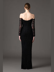 Off the shoulder embroidered crepe dress with tulle sleeves