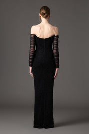 Off the shoulder embroidered crepe dress with tulle sleeves