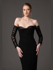 Off the shoulder embroidered crepe dress with tulle sleeves