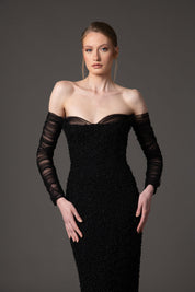 Off the shoulder embroidered crepe dress with tulle sleeves