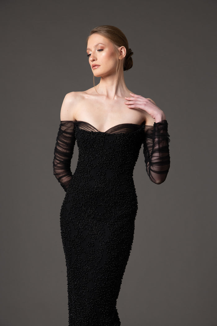 Off the shoulder embroidered crepe dress with tulle sleeves