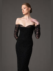 Off the shoulder embroidered crepe dress with tulle sleeves