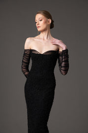 Off the shoulder embroidered crepe dress with tulle sleeves