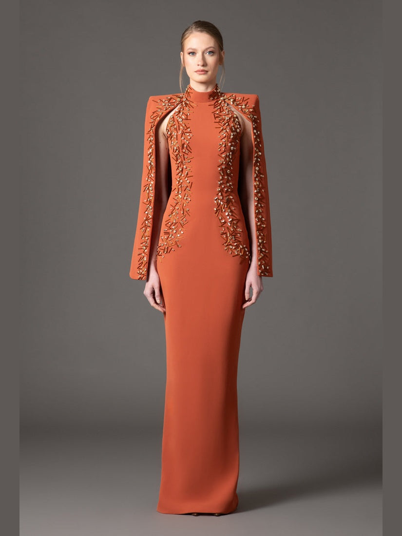 Burnt Brique embroidered cape dress