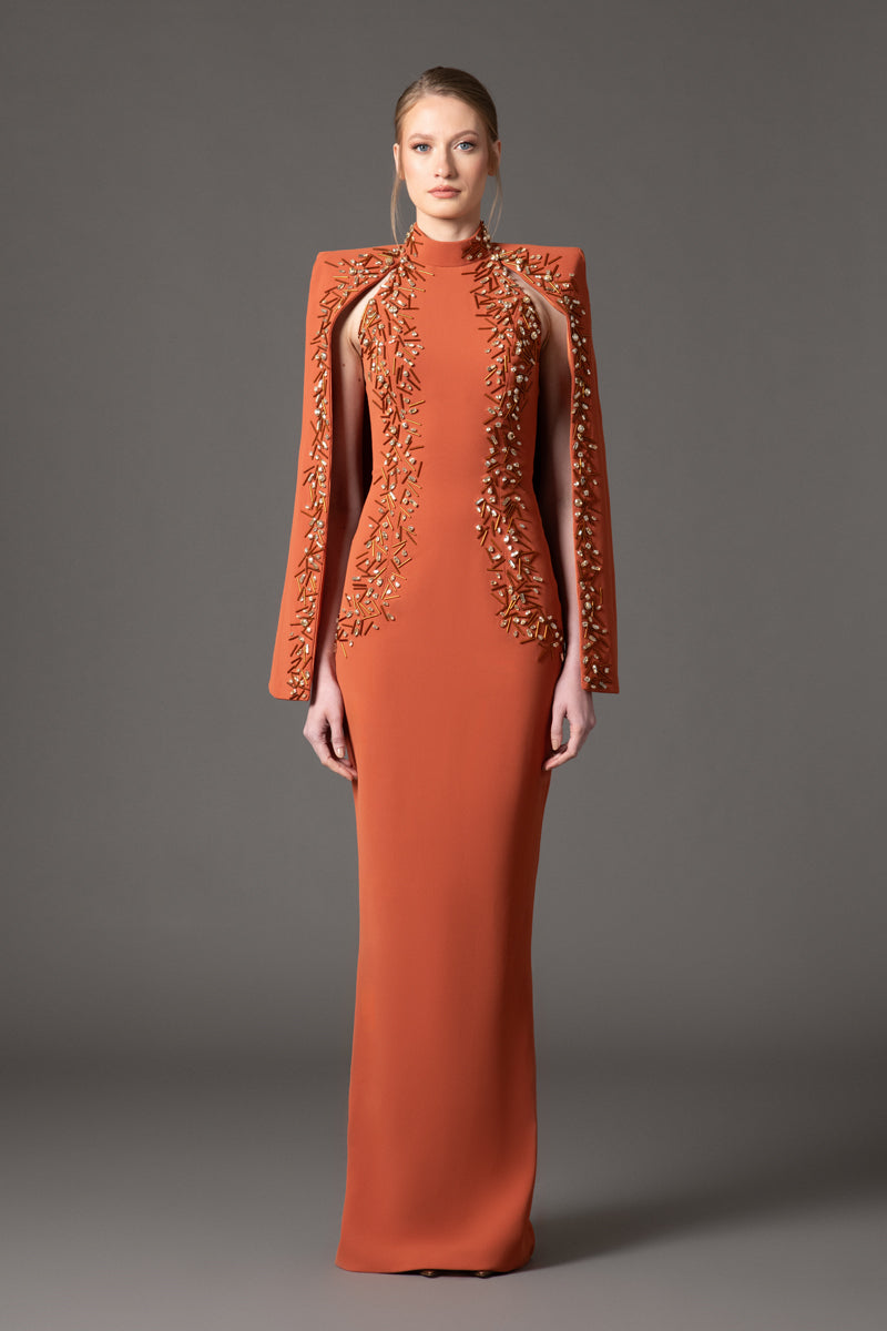 Burnt Brique embroidered cape dress