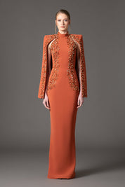 Burnt Brique embroidered cape dress