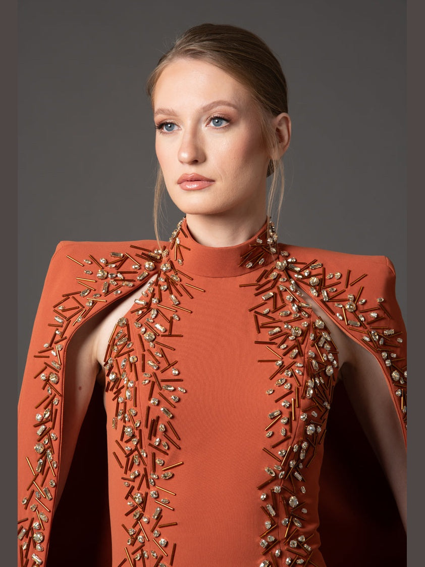 Burnt Brique embroidered cape dress