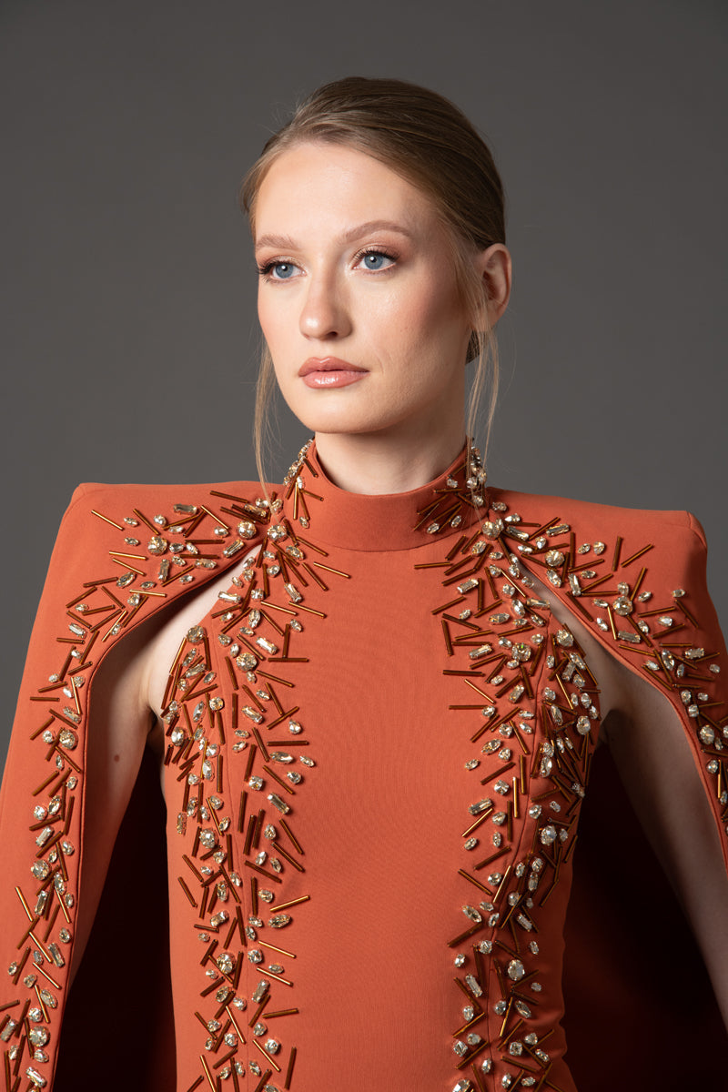 Burnt Brique embroidered cape dress