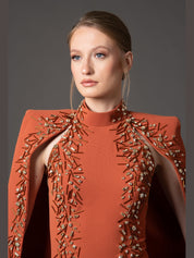Burnt Brique embroidered cape dress