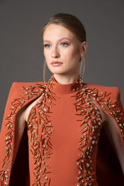 Burnt Brique embroidered cape dress