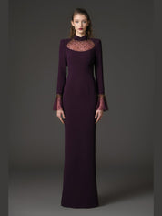 Embroidered burgundy crêpe dress with bell sleeves‭