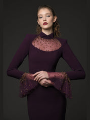 Embroidered burgundy crêpe dress with bell sleeves‭