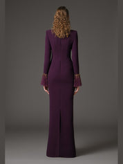 Embroidered burgundy crêpe dress with bell sleeves‭