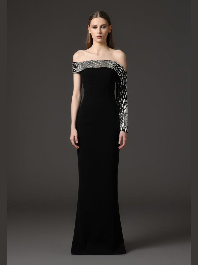 Asymmetric Black crêpe dress with baguette embroidery‭