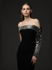 Asymmetric Black crêpe dress with baguette embroidery‭