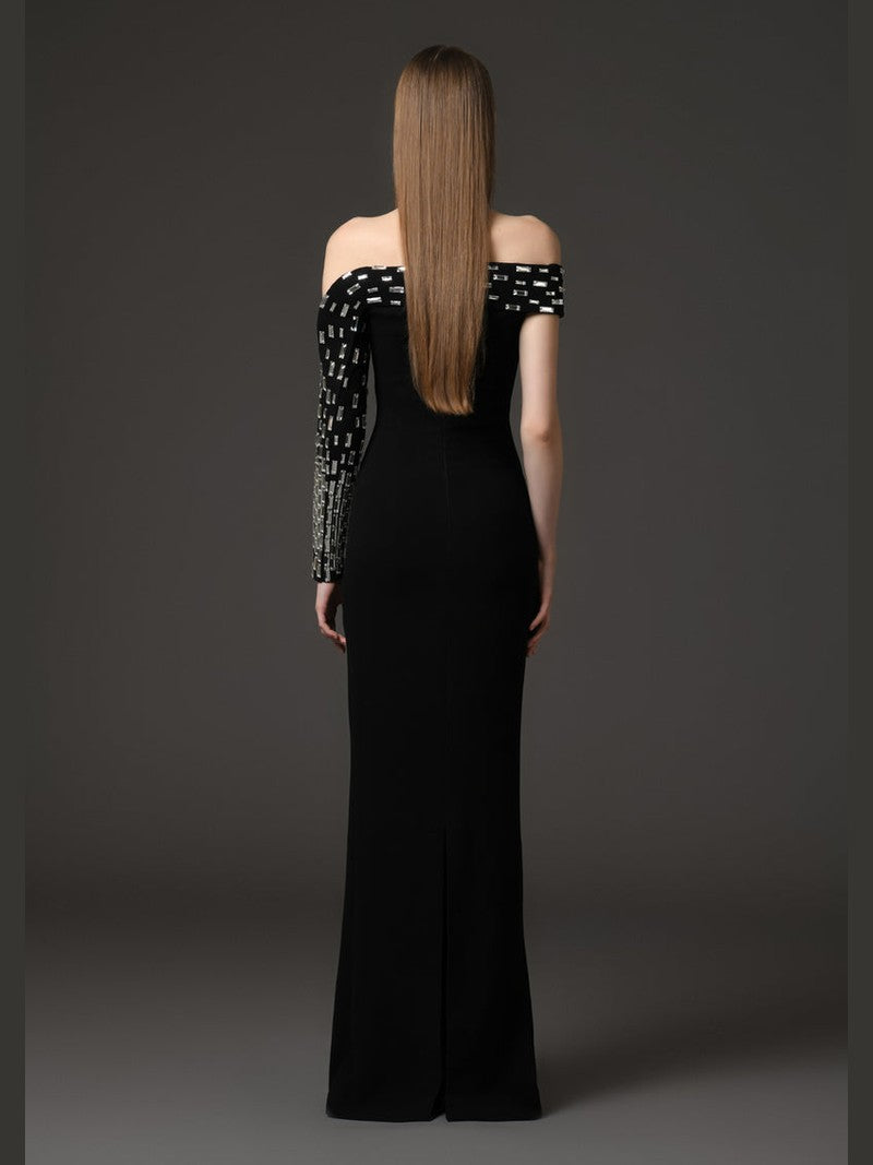 Asymmetric Black crêpe dress with baguette embroidery‭