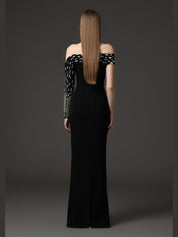 Asymmetric Black crêpe dress with baguette embroidery‭
