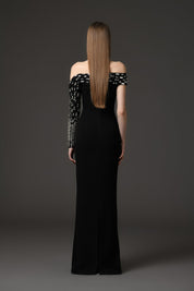 Asymmetric Black crêpe dress with baguette embroidery‭